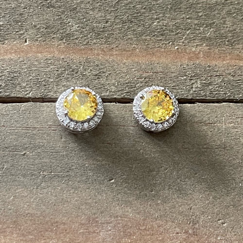 Cubic Zirconia Citrine Yellow, Lab Created Stud Dainty Luxury Glam Earrings - Picture 2 of 9
